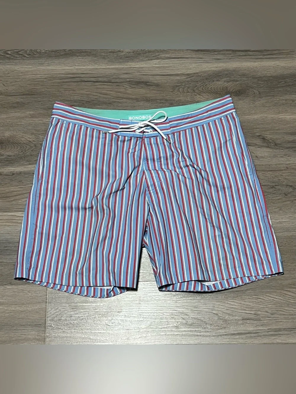 Bonobos Mens 36 Swim Trunks Shorts Lined Drawstring Striped Blue Red 7” Beach
